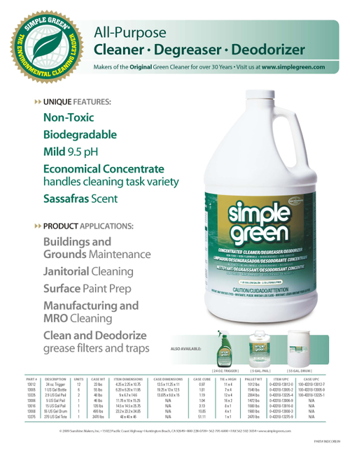 本產品"Simple Green環保多功能清潔劑"為美國原裝進口，包裝有1加侖、5加侖、55加侖。