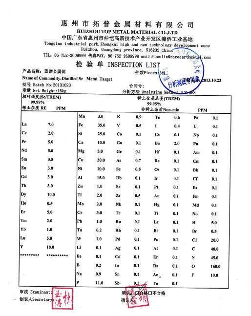 蒸馏金属钪分析单