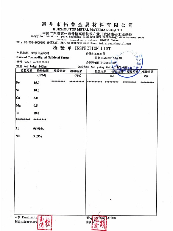 铝钕合金靶分析单