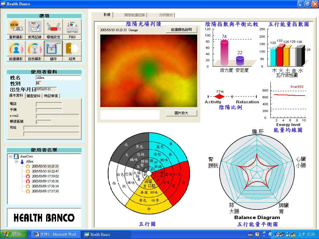 能量光場顯示器，將人體的能量狀況以顏色、圖示、數據等方式於十秒內顯示於電腦螢幕上能量狀況一目了然。