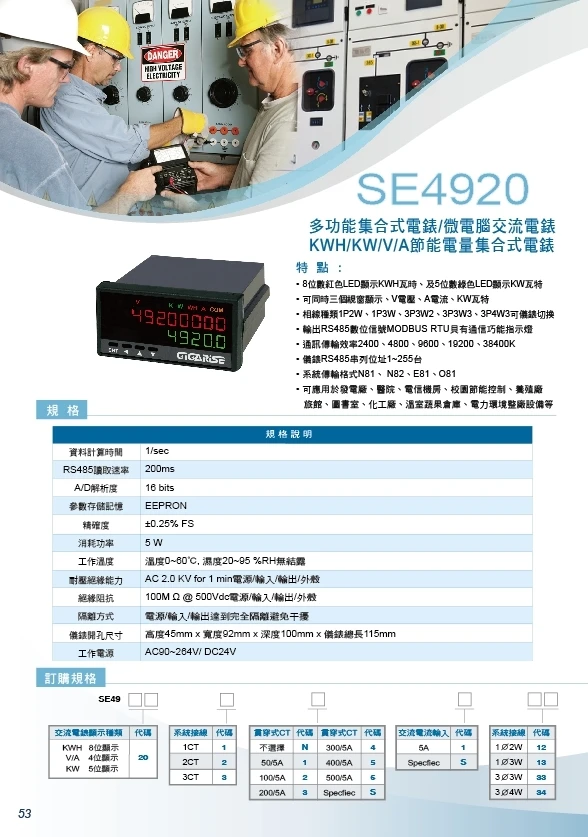 電量KWH/KW/V/A/Hz/PF/WD集合式電錶