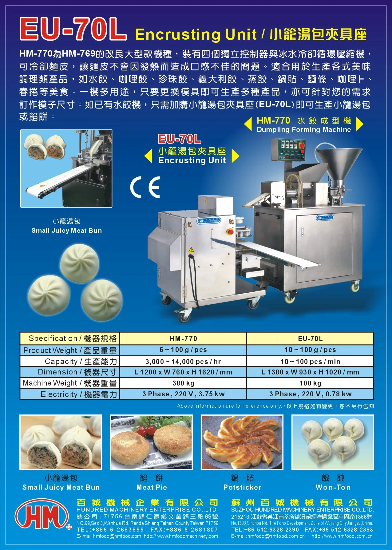 HM-770水餃/咖哩餃/義大利餃成型機&EU-70L小籠湯包夾具座  目錄