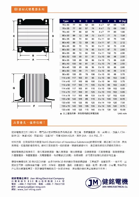 通訊專用電源變壓器規格表-1