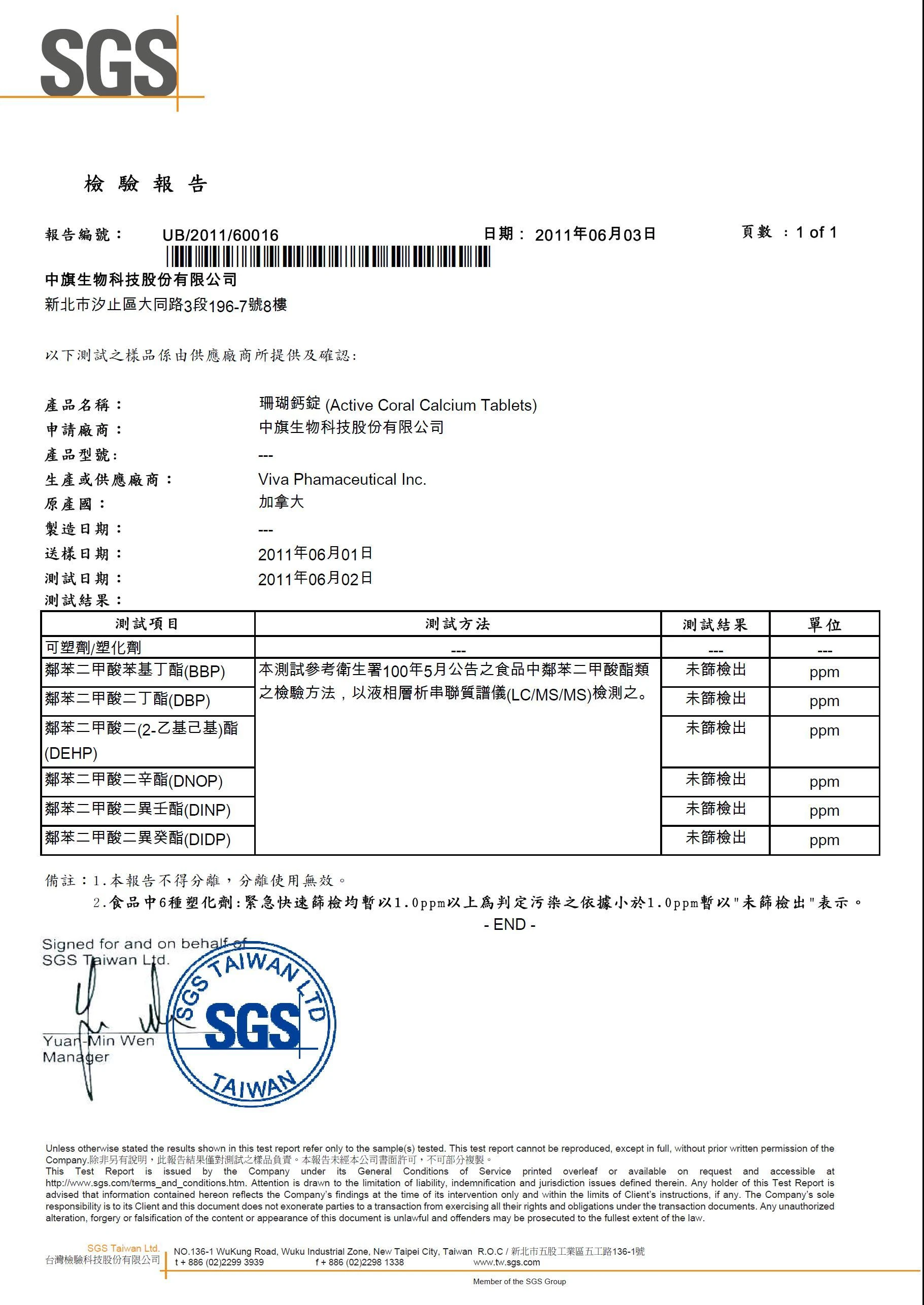 珊瑚鈣(SGS檢驗證明)