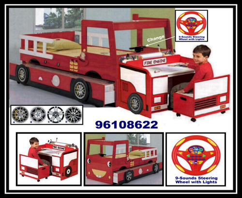 消防車兒童双層床組 含1.書桌, 2.置物椅, 3.9種聲響及灯玩具方向盤